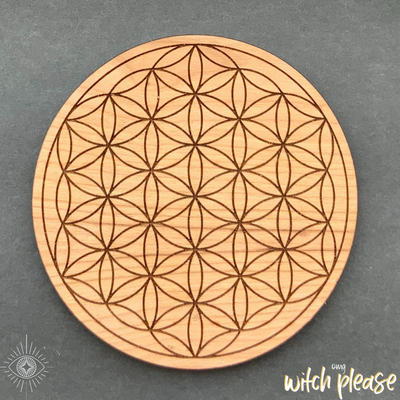 Crystal Grid Base on Cherry Wood with a Flower of Life laser engraved in it