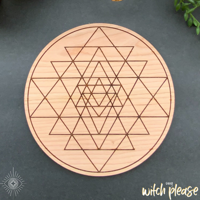 Crystal Grid Base on Cherry Wood with a Sri Yantra laser engraved in it