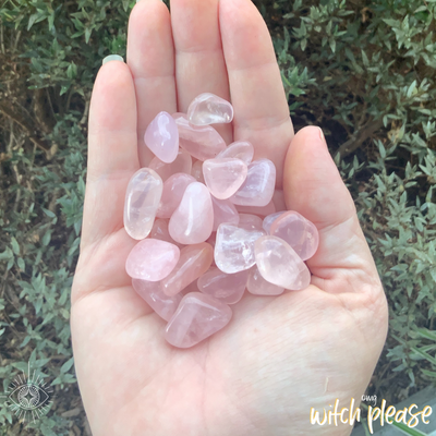 Rose Quartz small tumbled stones in an open hand